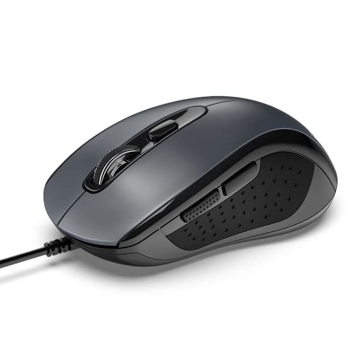 TECKNET Wired Mouse for Laptop, 3600DPI USB Mouse with 6-Button, Optical Computer Mouse Wired, Home and Office 5FT Corded Ergonomic Mouse for PC Desktop, USB Plug & Play, NO Battery Required-Grey