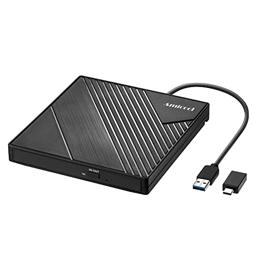 Amicool External DVD Drive USB 3.0 USB C CD Burner CD/DVD +/-RW Optical Drive Slim Portable DVD CD ROM Rewriter Writer Duplicator for Laptop Desktop PC Windows 10/8/7 MacBook Mac Linux OS Apple