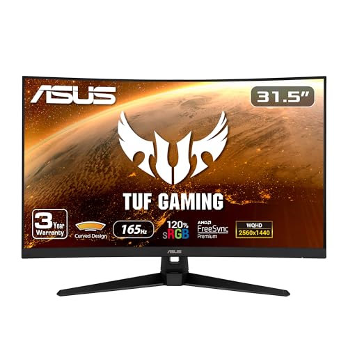 ASUS TUF Gaming 32" 1440P HDR Curved Monitor (VG32VQ1B) - QHD (2560 x 1440), 165Hz (Supports 144Hz), 1ms, Extreme Low Motion Blur, Speaker, FreeSync Premium, VESA Mountable, DisplayPort, HDMI,BLACK