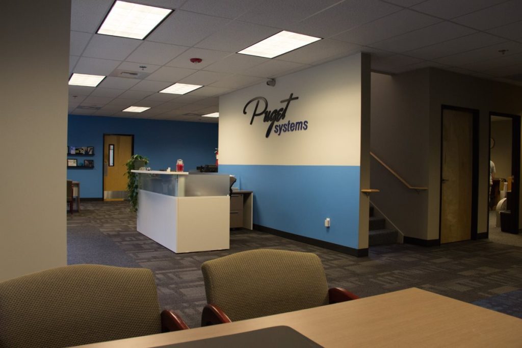 Interior photo of the lobby inside the Puget Systems building 