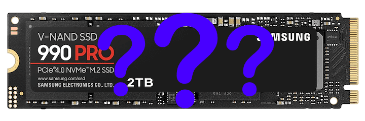 Samsung 990 Pro SSD with Question Marks Overlay