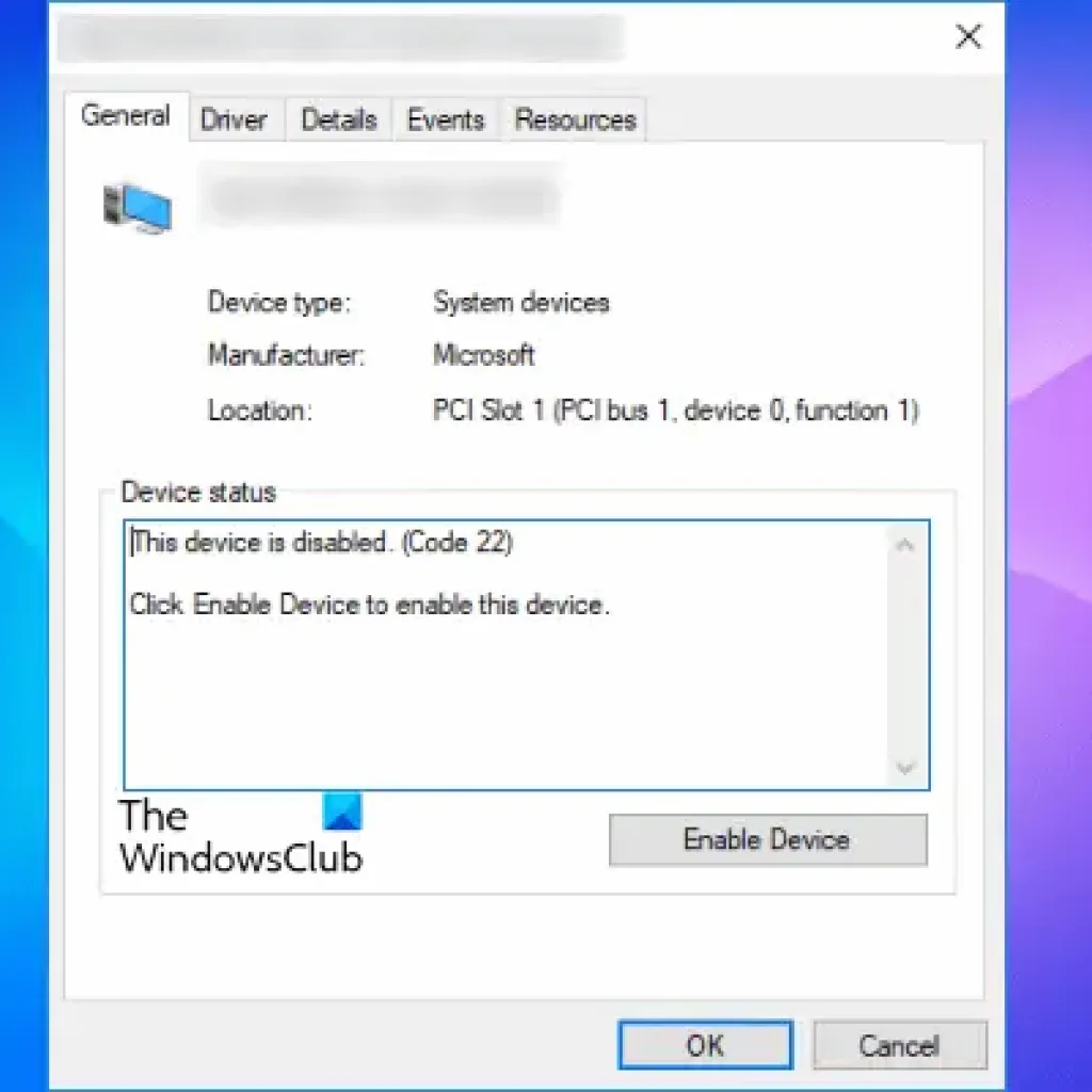 disabled device error message on a Windows 11 computer